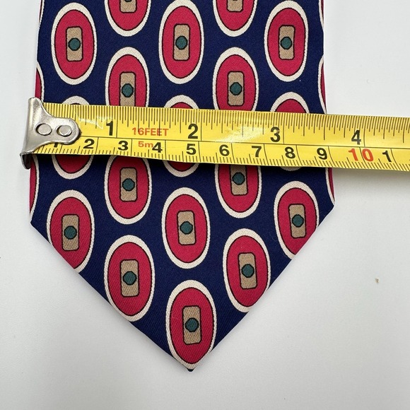Lands End Tie Mens Blue Red Geometric Medallion 100% Silk Made USA Necktie - Picture 3 of 7